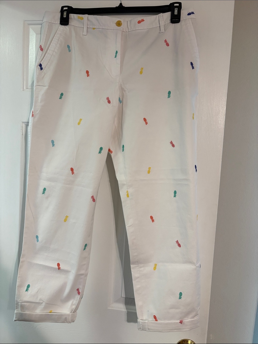 Talbots White Relaxed Chino Pants with Multicolor Pineapple Print